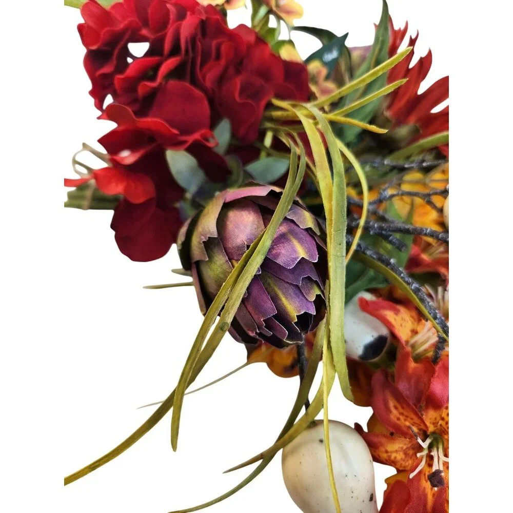 Artificial Floral Arrangement Bouquet - Fall Colors Red Yellow & Textured Accent